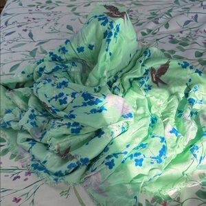 Light Green Floral Bird Scarf - Aqua Blue Print